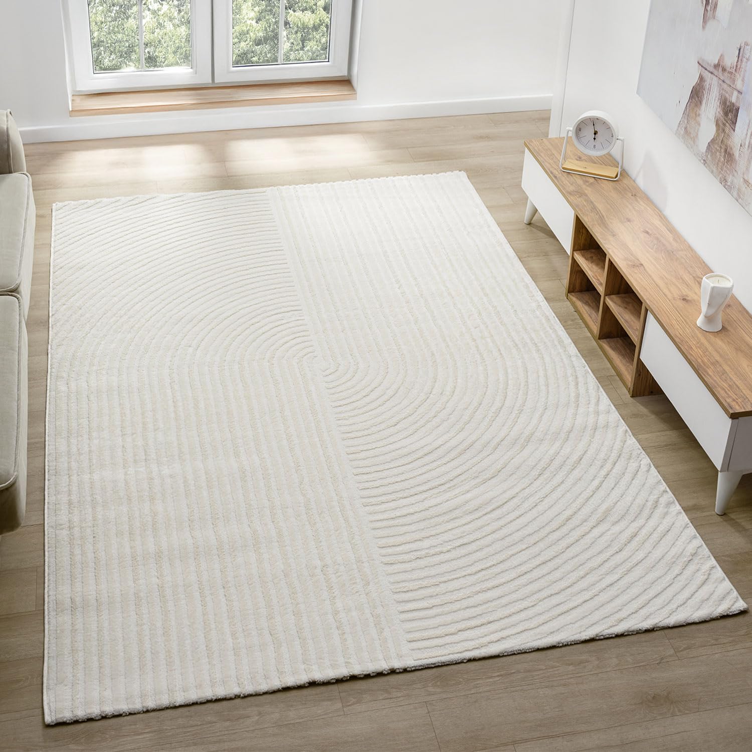 VIMODA Moderner Kurzflor-Teppich Boho Wohnzimmer Schlafzimmer dünn mit 3D Hoch-Tief Effekt Pflegeleicht,Farbe:Creme;Maße:200x290 cm