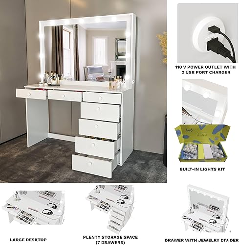 Miniatura 2 de Boahaus Serena - Tocador de maquillaje moderno con bombillas de Hollywood 7 cajones espejo ancho parte superior de MDF para dormitorio parte