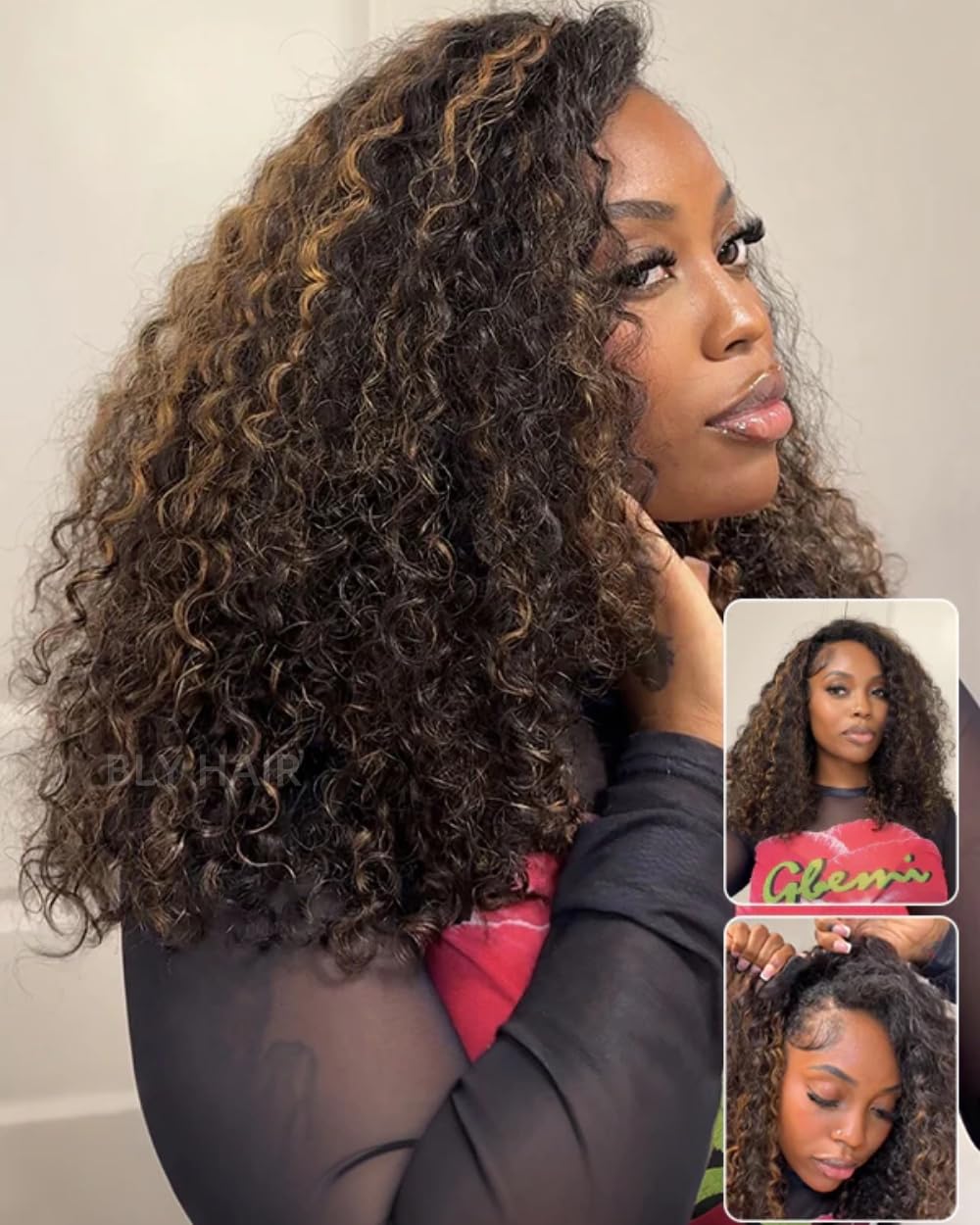 BLY Highlight Water Wave Half Wig Human Hair 3 in 1 Glueless Drawstring Flip Over Wear Go Wig for Women 1B 30 Color 180 Density Short Bob Wigs 14 Inch