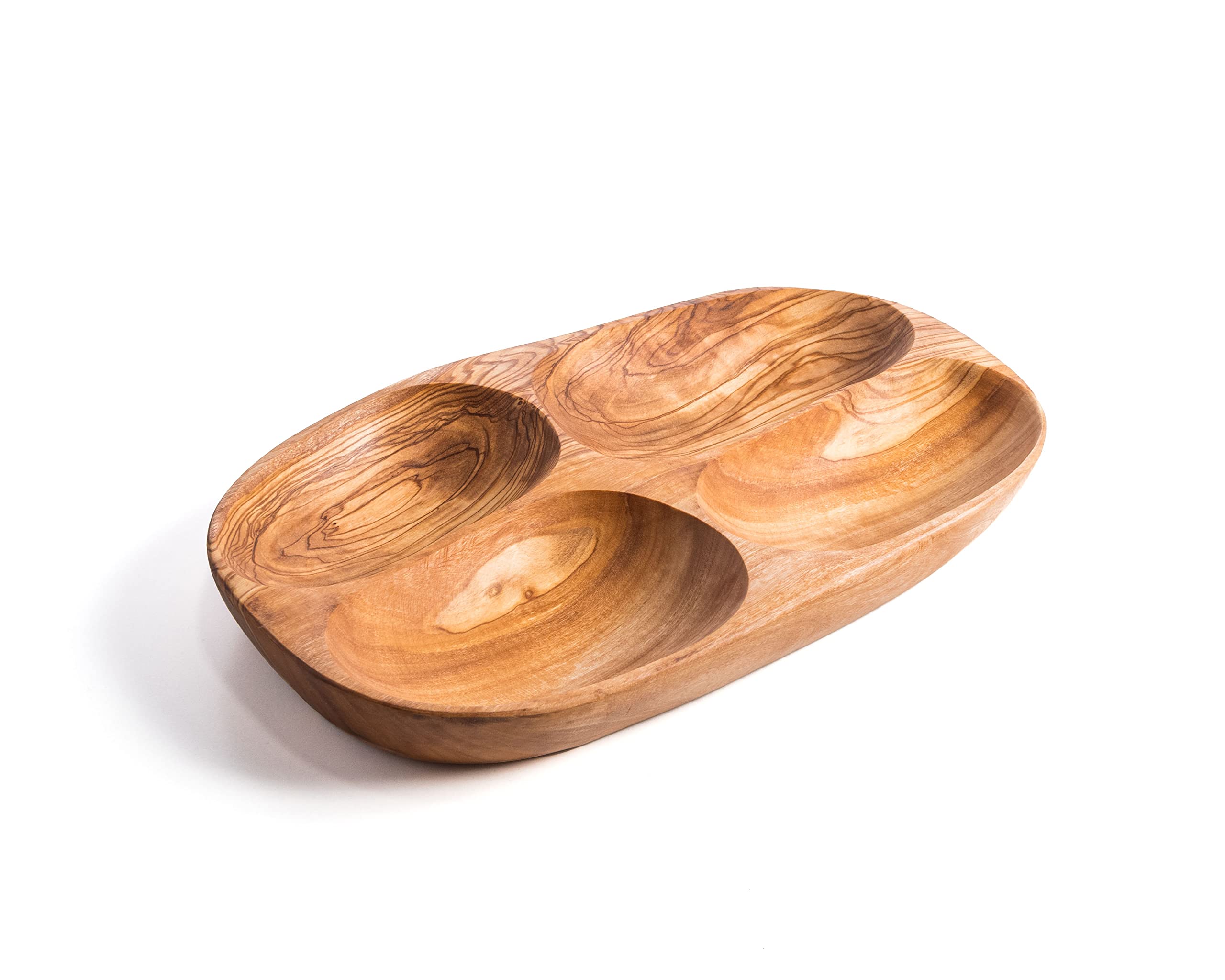 Plato de Aperitivo de Madera de Olivo, Oval 26x16 cm, Cuenco de Tapas Hecho a Mano, Bandejas de Aperitivos de 4 compartimentos, Platos para Fiesta, Platos para Servir Tapas, Vajilla Decorativa