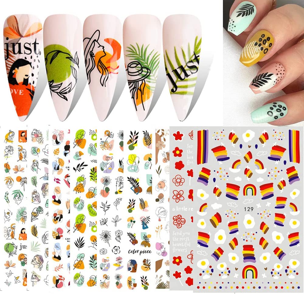 KASTWAVE 10 Sheets Graffiti DIY Nail Stickers for Nail Art, Toenails Decals Self-Adhesive Abstract Face Flowers and leaf Watermark Nail Art Supplies Decorations Accessories Manicure for Women Girls