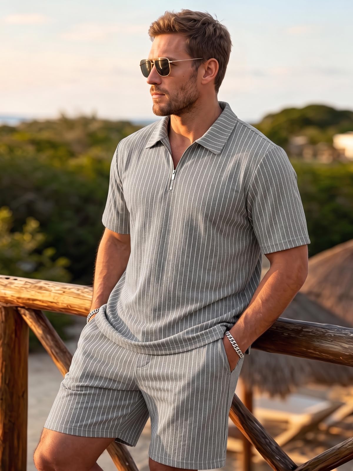 Heyfanee Sommer Outfit Herren 2-Teiler Set Zweiteiler Kurze Hose Männer