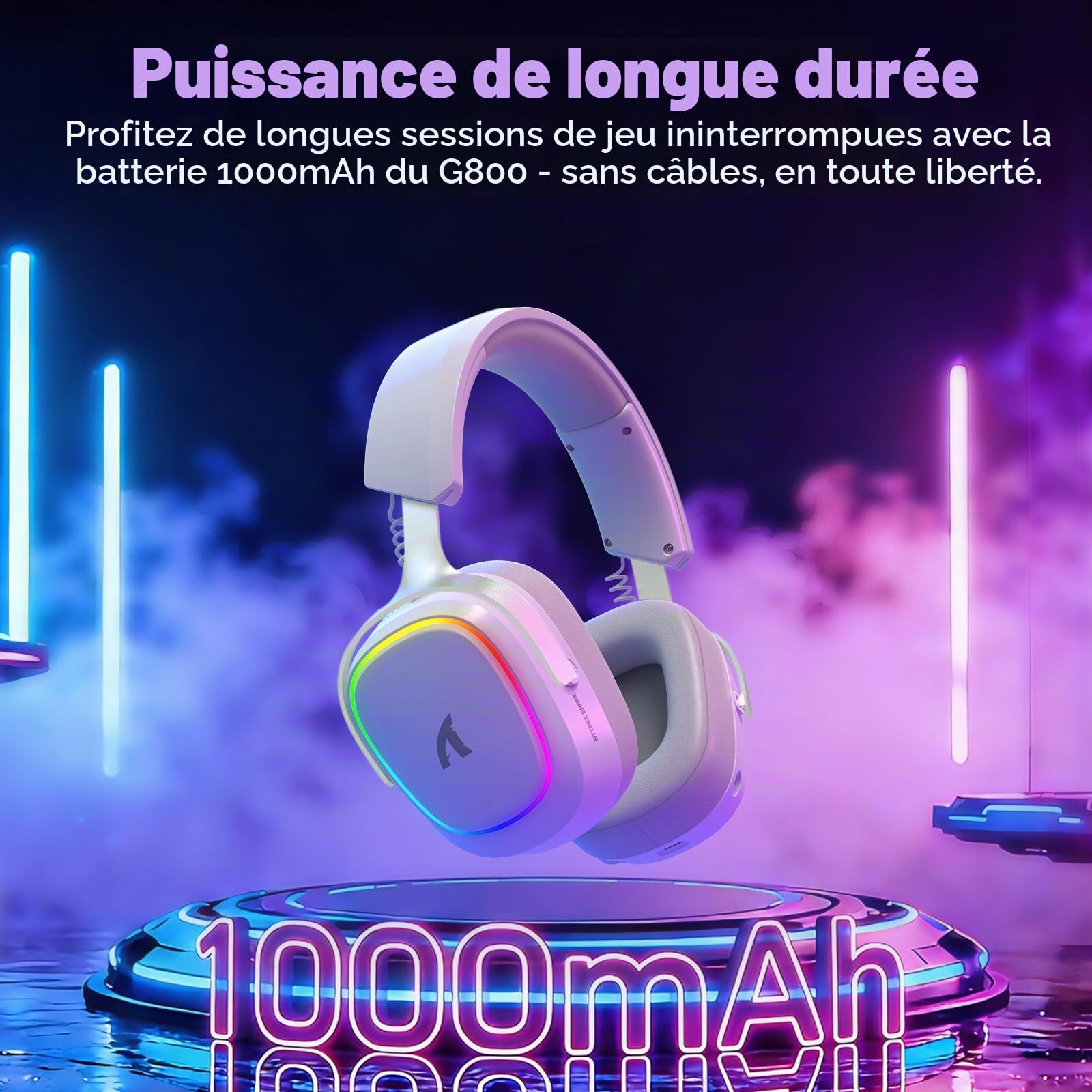ATTACK SHARK G800 Casque Gaming sans Fil, Cadre Aluminium, 7.1 Surround, Mic ENC Flexible, Tri-Mode(2.4G/BT/3.5mm), 1000mAh, 50mm Pilote, RGB pour PC/Mac/PS/Xbox - Blanc
