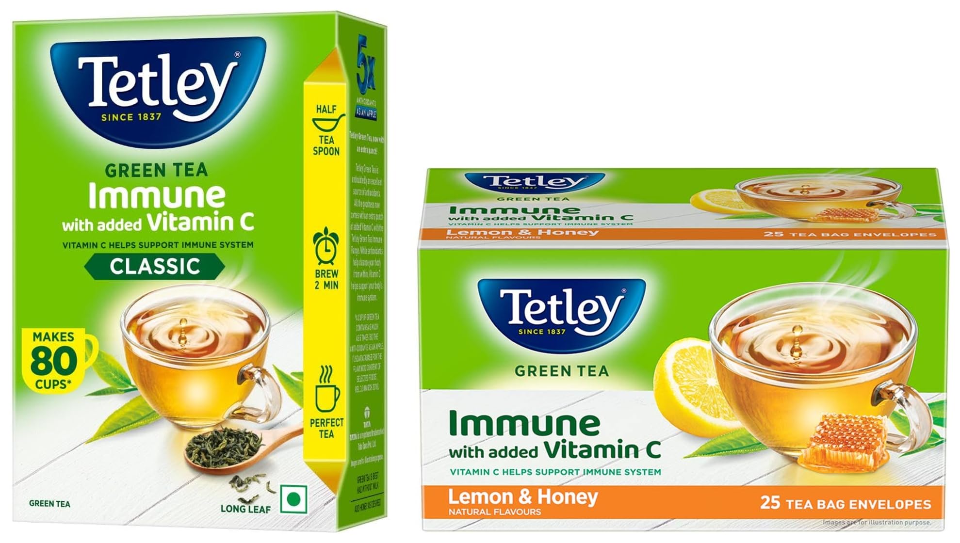 Tetley Long Leaf Green Tea, 100 Grams, Vegetarian & Tetley Green Tea, Lemon And Honey, 25 Tea Bags, 39 Grams