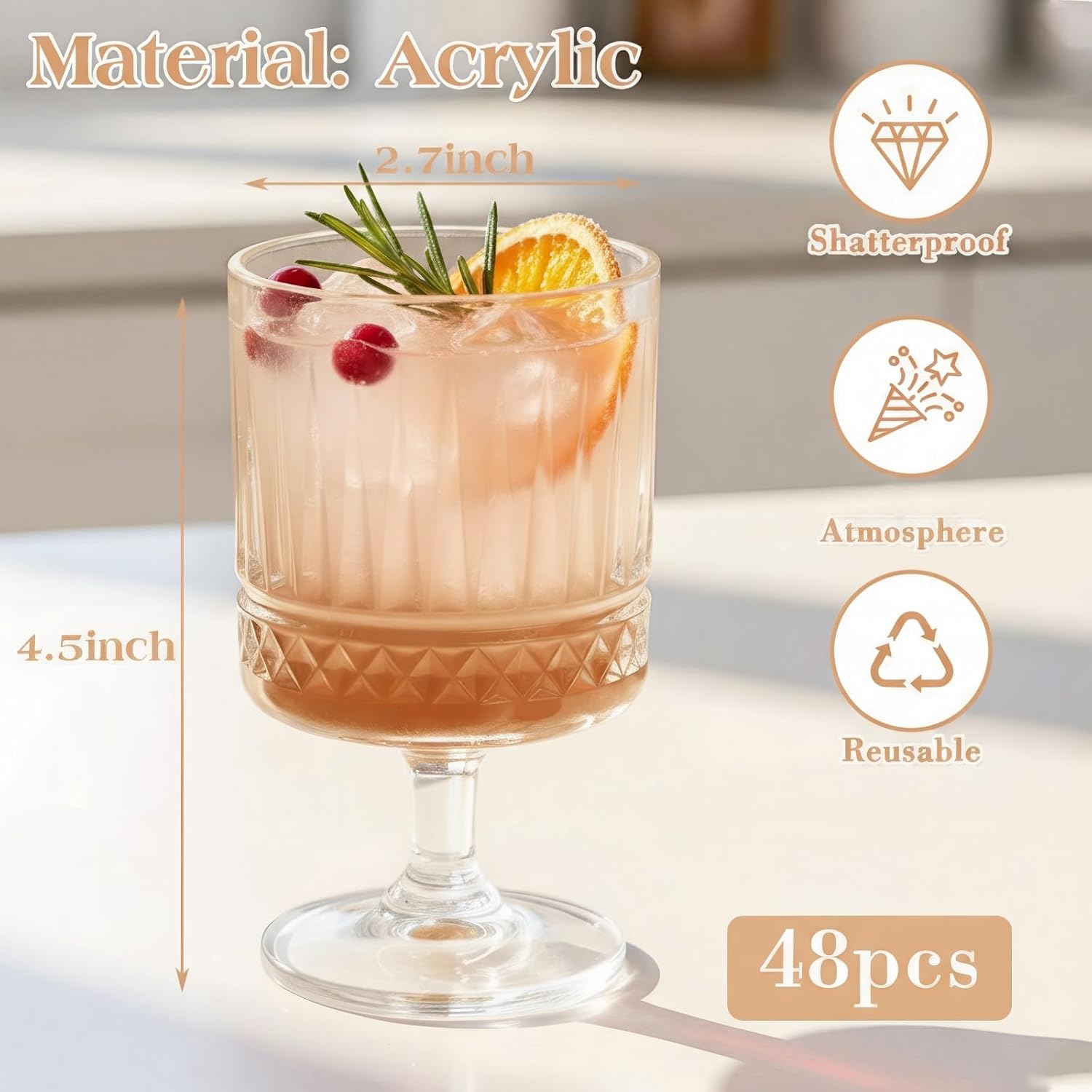 Mini Vintage Goblet Glasses Set, 7.5 oz Small Plastic Water Goblets Unbreakable Clear Wine Cups Bulk Cocktail Glasses for Wedding Dining Birthday Guest Gift(48 Pcs,Rhombus) - Image 2