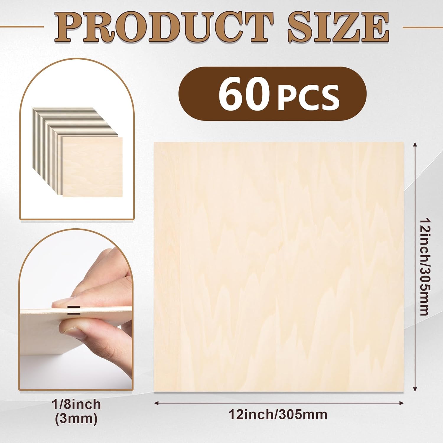 60 Pack Basswood Sheets for Laser Cutting, 12 x 12 x 1/8 Inch, Unfinished Squares Wood Sheets for Crafts - Smooth Surface Plywood for Wood Burning, Engraving, Architectural Models, Painting & Staining