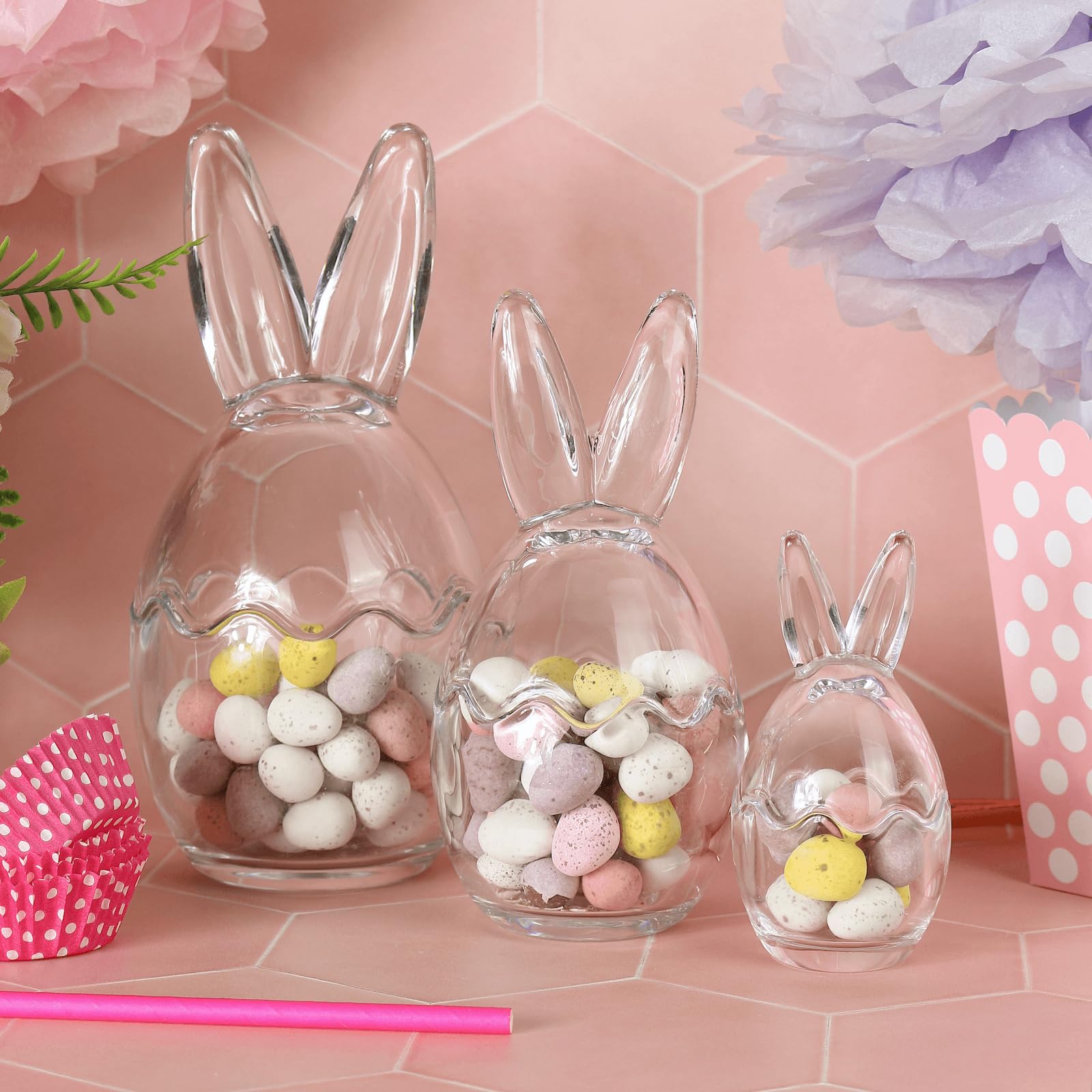 Hodge and Hodge Glass Bunny Jars with Ears (Set of 3) - Easter Candy Storage with Cracked Egg Lids - Sweet Containers for Mini Eggs & Treats - Spring Decor (21cm, 17cm, 11cm)