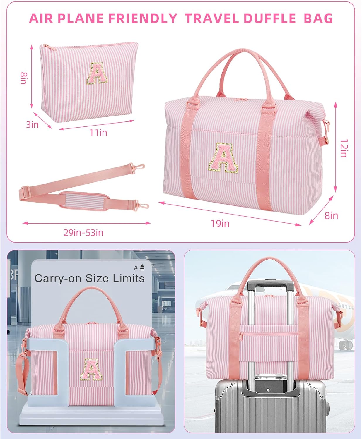Birthday Gifts for Teen Girl, Personalized Dance Travel Duffel Bag for Girls Women, Cute Initial Overnight Weekender Gym Bag with Makeup Pouch（Pink,A)