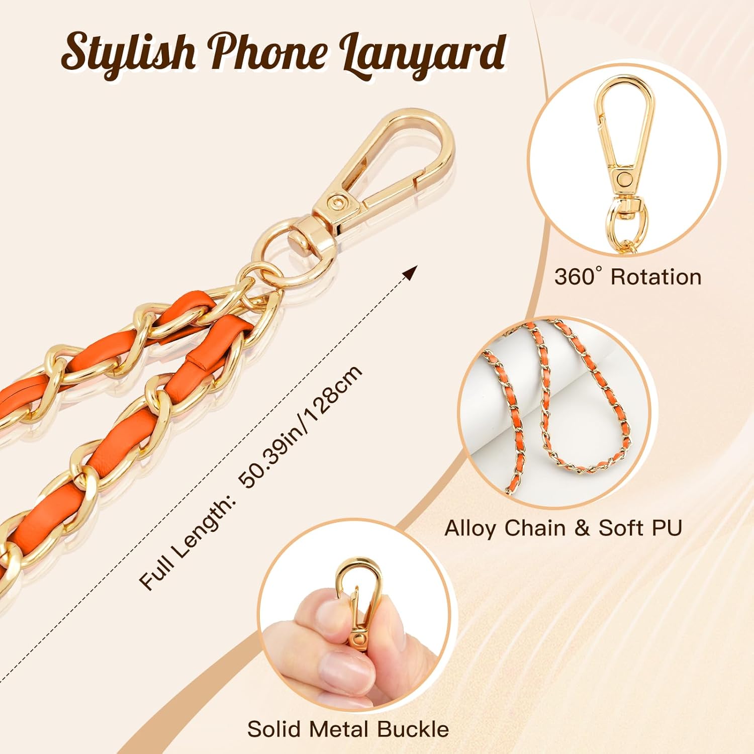 TiMOVO Universal Phone Lanyard, Metal Cell Phone Chain Anti-Theft Crossbody Strap for iPhone 17, 16 Series and Most Smartphones, Cell Phone Neck Holder for Women, Orange - Image 2