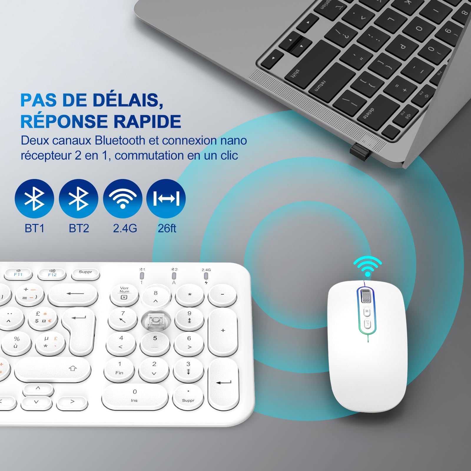 Cimetech Ensemble Clavier Souris sans Fil Rechargeable Multidispositifs (2,4 GHz+BT1+BT2), Combo Clavier Français et Souris avec Pavé Numérique pour Wins/Linux/MacOS (Blanc)