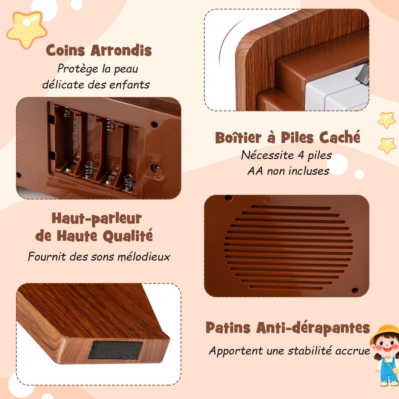DREAMADE Clavier 25 Touches, Piano Électrique pour Enfants avec 15 Démos, 6 Tonalités et 8 Percussions, Enseignement Guidé par Lumière avec Pupitre Amovible (Marron)
