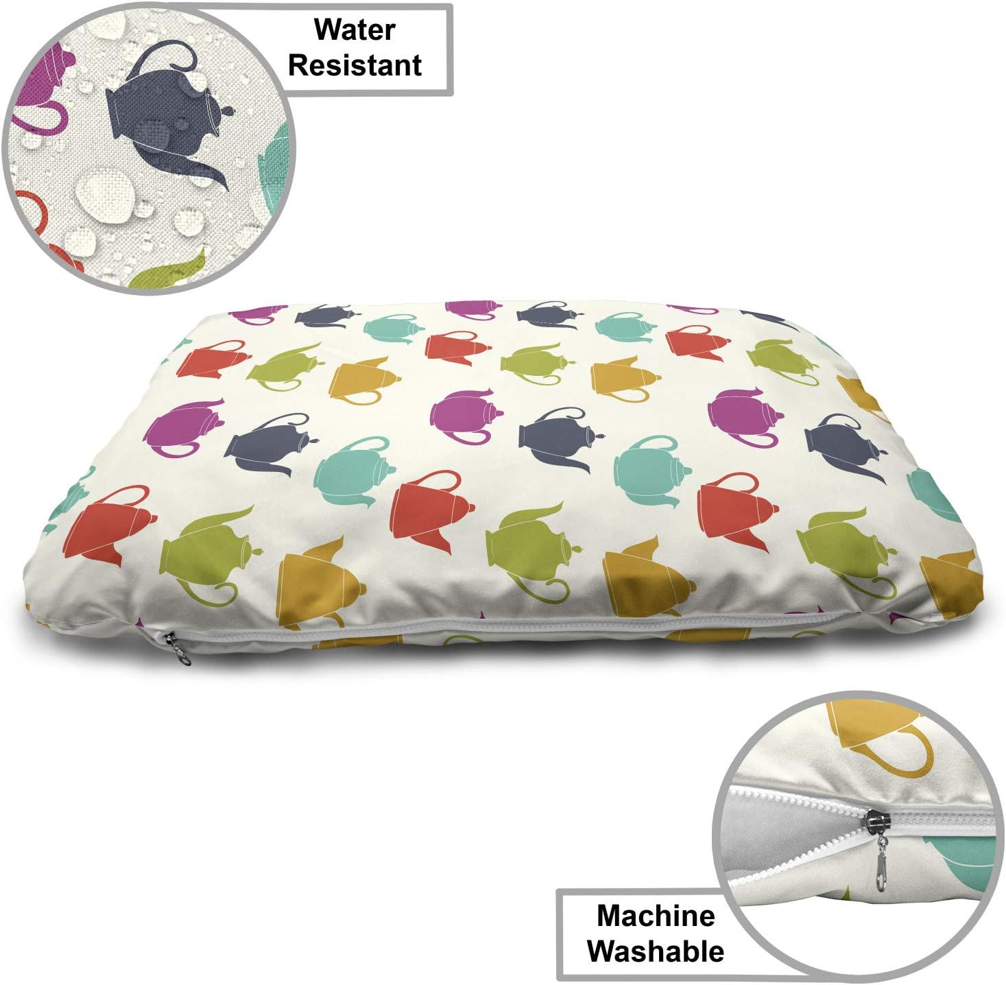 review Lunarable Teapots Pet Bed, Continuous Tea Party Themed Tools Colorful Cartoon Pattern on Pastel Backdrop, Chew Resistant Pad for Dogs and Cats Cushion with Removable Cover, 24