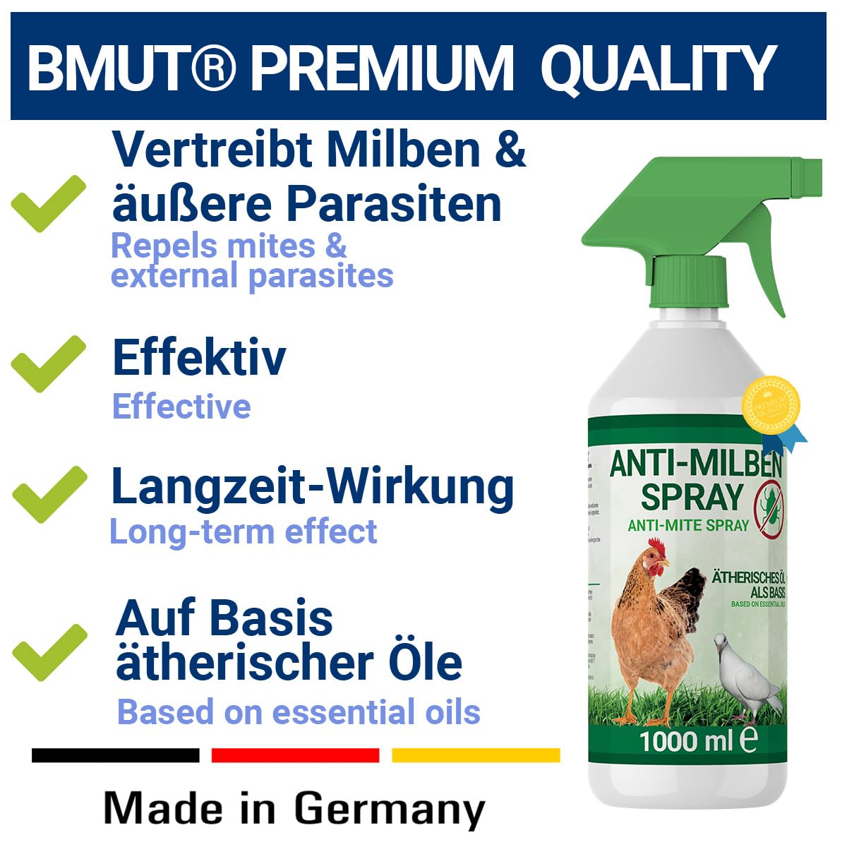 Spray antiacaro da 1000 ml per pollame come polli e uccelli - Protezione immediata e a lungo termine contro i parassiti, per uso acuto e preventivo