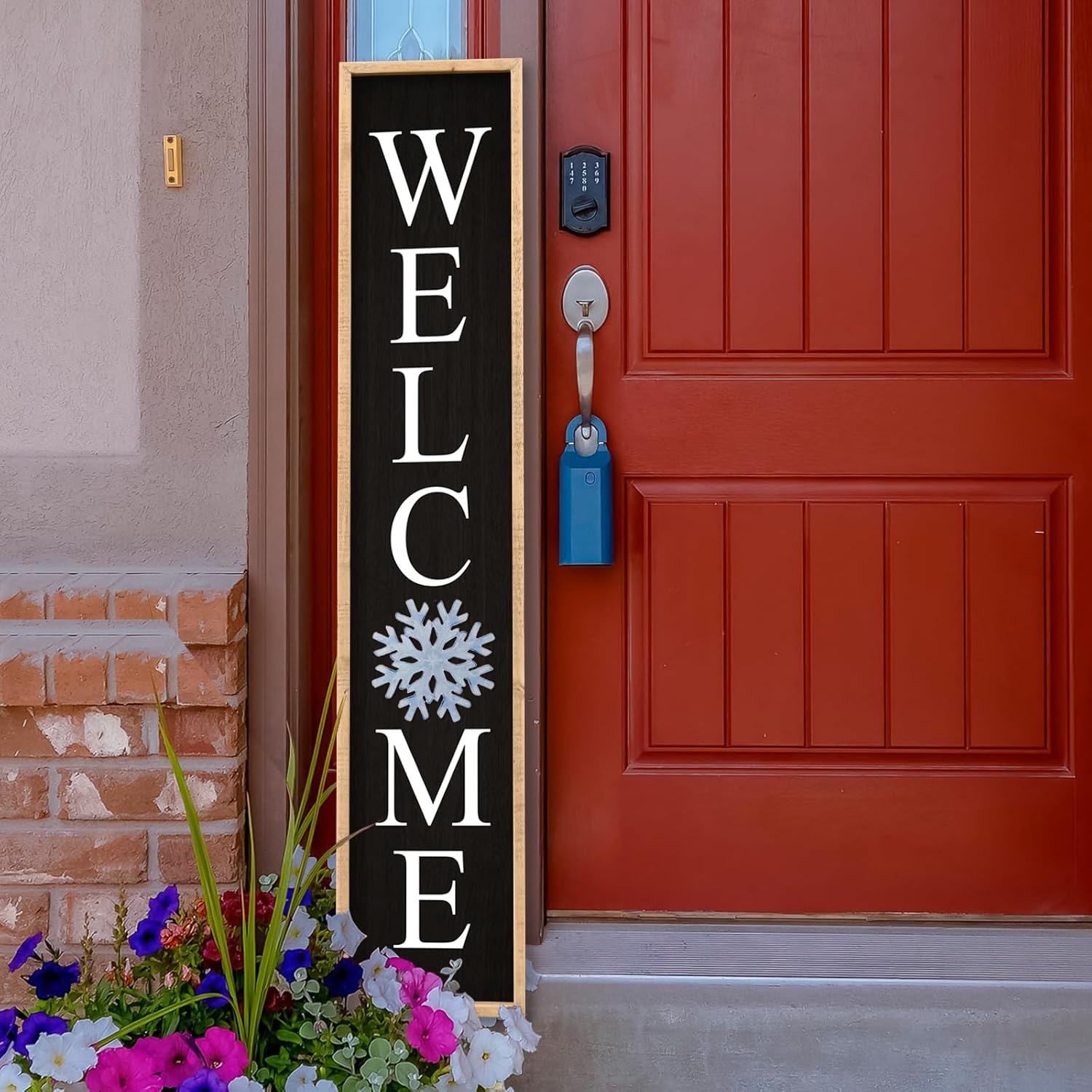 Interchangeable Welcome Sign for Front Porch Door, Outdoor Leaner Home Wooden Frame With 12 Pcs Replaceable Icons Outside Standing Seasonal Welcome Holiday Decorations (45"X9" Wood Black)