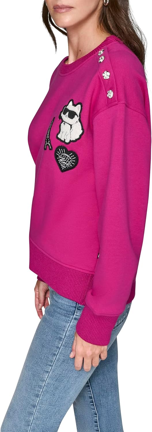 KARL LAGERFELD womens Long Sleeve Crew Neck Choupette Patch Fleece Sweatshirt - Image 2