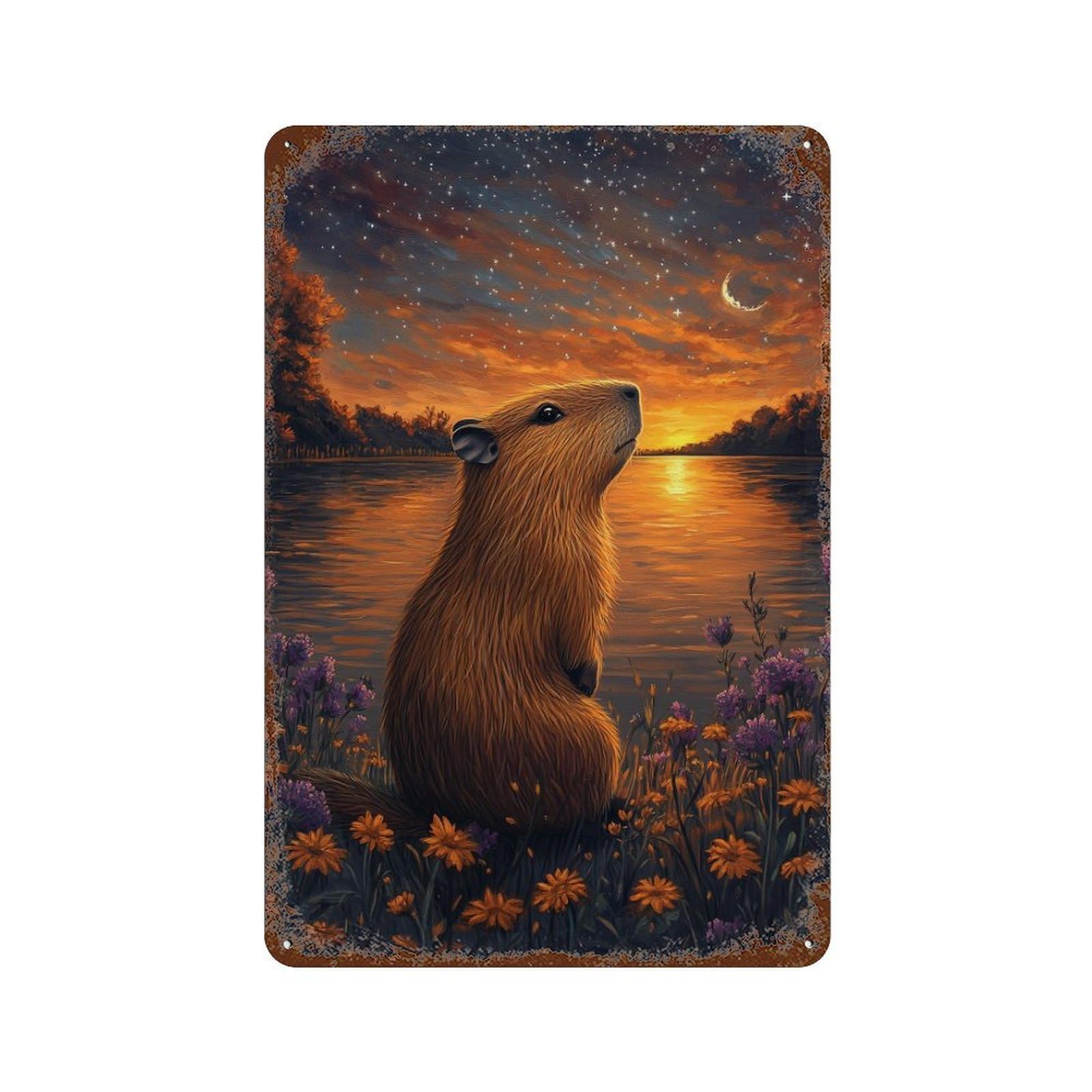Capybara Sunset River Rusty Metal Tin Sign 11.8"x7.9", for Shed, Workshop And Garage Wall Decor, Shabby Chic Decor