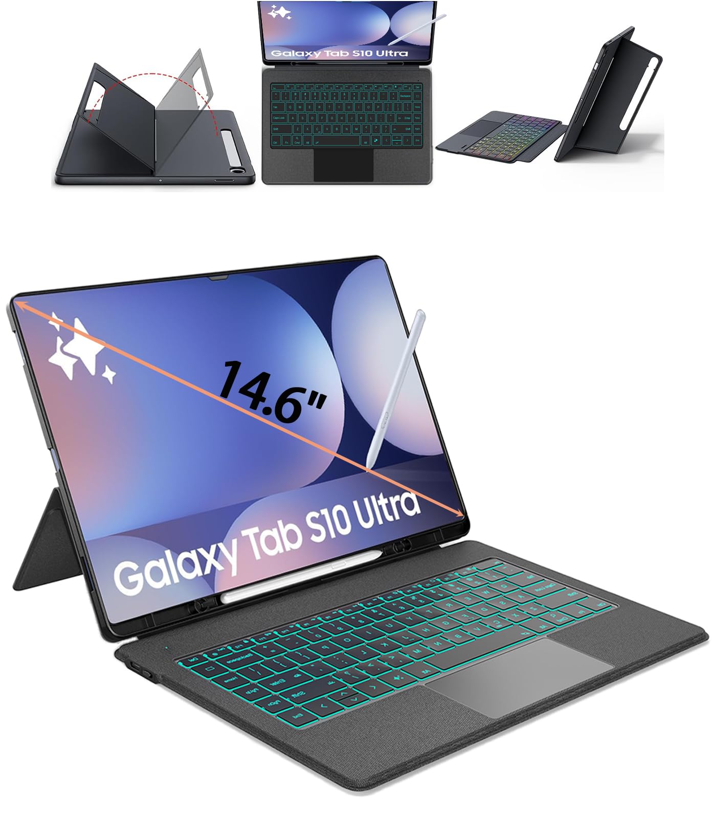 for Samsung Galaxy Tab S10 Ultra Keyboard Case 14.6", S Pen Holder, 7 Color Backlit Keyboard with Trackpad Detachable Sleeve Cover with Adjustable Viewing Angle Stand for Tablet S9 Ultra