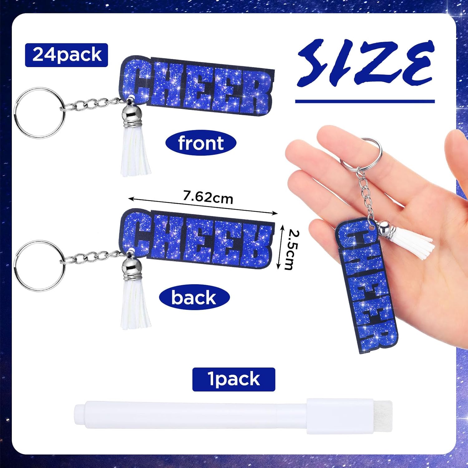 Nosiny 24 Pcs Cheer Keychain Bulk Acrylic Cheer Team Gifts with Tassel and Marker Pen DIY Name Cheerleading Gifts Blue Cheerleader Keyrings for Team Cheerleader Party Favors Sports Accessory - Image 2