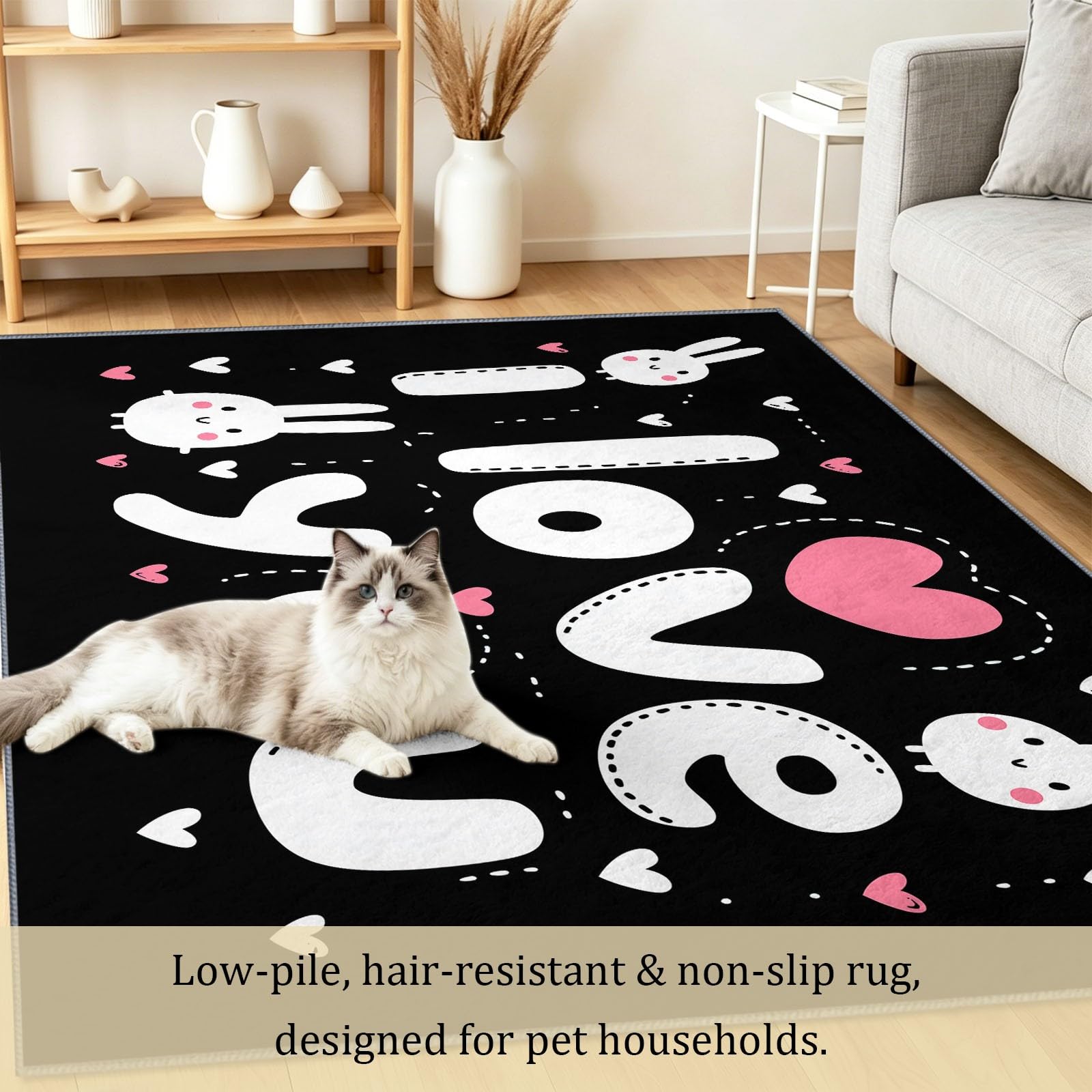 Tappeto lavabile, 80 x 150 cm, con coniglietto bianco, cuore, amore, per cameretta dei bambini, antiscivolo, a pelo corto, facile da pulire, per soggiorno, camera da letto, corridoio, cucina