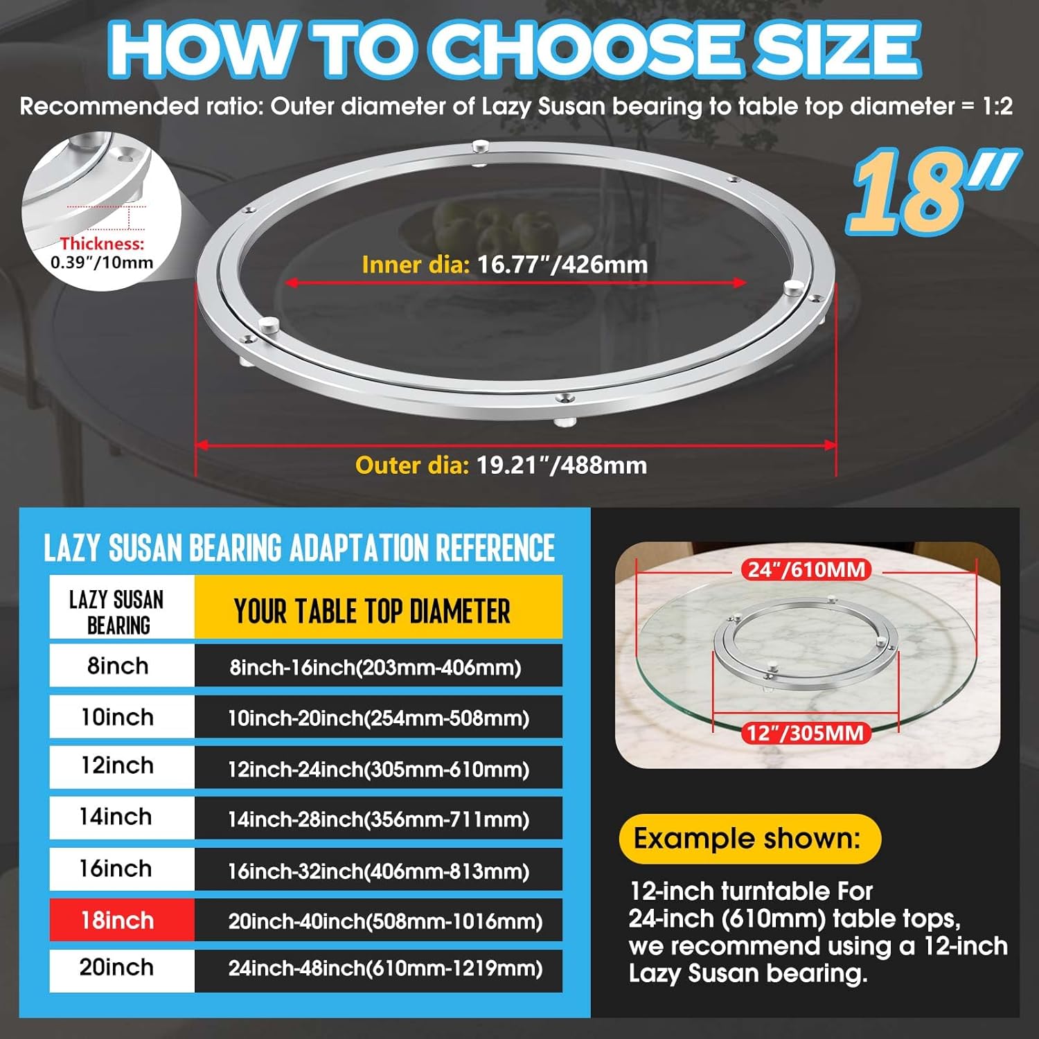 Lazy Susan Hardware,18 inch Heavy Duty Lazy Susan Bearing Kit,Rotating Serving Turntable for Aluminium Alloy Turntable Bearing,Swivel Base Hardware for Dining Table,DIY,Display Stand,Workbench