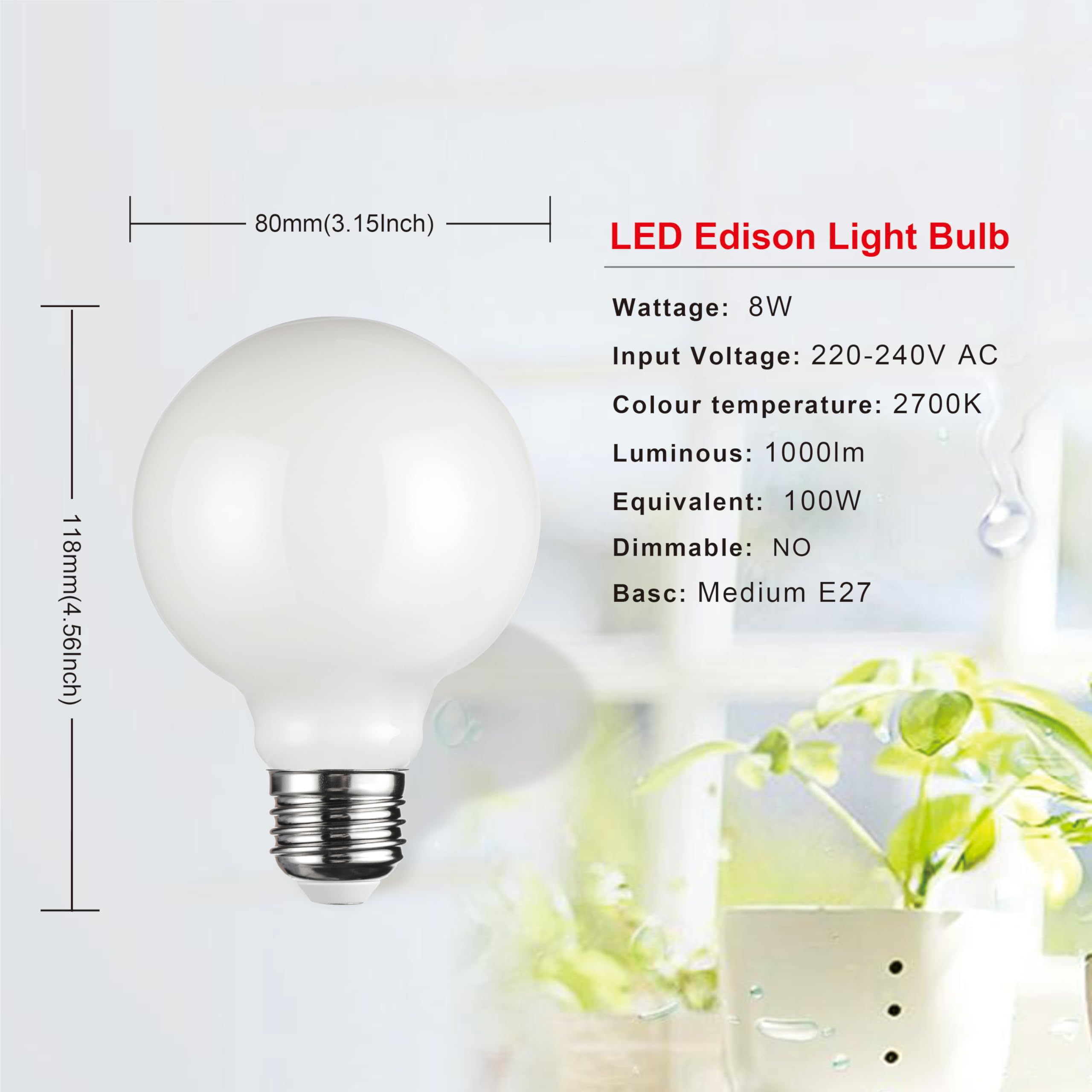 SD LUX G80 E27 Vintage Globe Decorative Edison LED Bulbs(Non-dimmable) 8W 1000lm (Equi. 100W), CRI>90, 2700K Warm White (White, 3PC) - Image 2