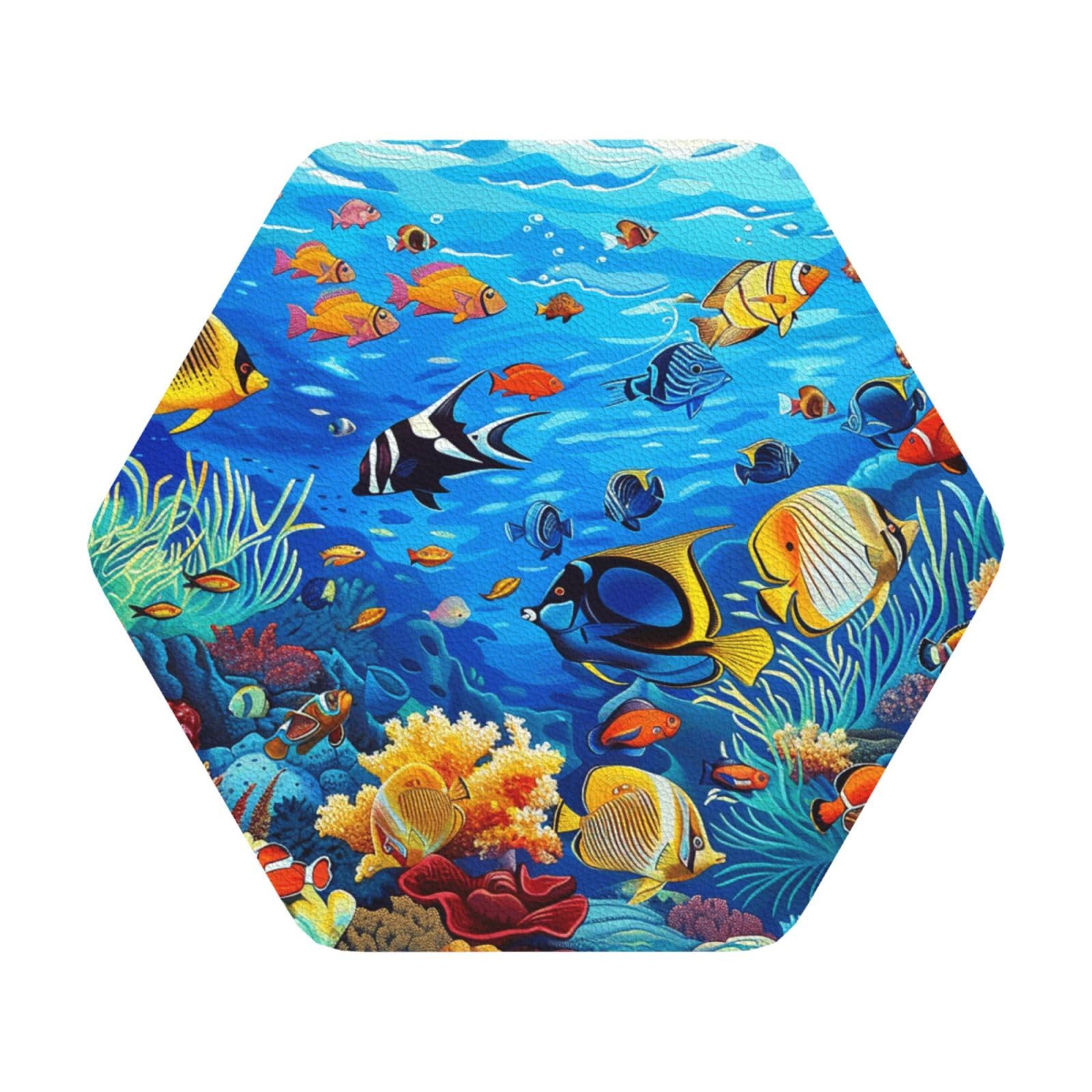 Tropical Fish Coral Undersea World Print Leather Coaster Set of 6, Hexagon Coasters Table Decorative Coffee Cup Beverage Coasters Wine Beer Bar Coasters for Hot Drinks Table Protection