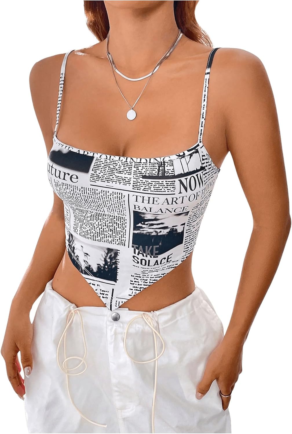 WDIRARA レディース 新聞プリント クロップトップ バンダナヘム スクエアネック バックレス キャミトップ, ブラック&amp