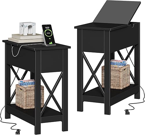 Miniatura 10 de ChooChoo Mesa auxiliar con estación de carga, mesa auxiliar estrecha abatible con puertos USB y tomas de corriente para espacios pequeños, mesita de
