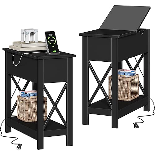 ChooChoo End Table with Charging Station, Narrow Flip Top Side Table with USB Ports & Power Outlets for Small Spaces, Nightstand Sofa Table for Living Room, Bedroom, Black, 2 Pack
