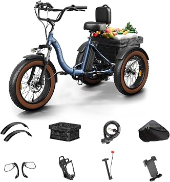 PUCKIPUPPY Electric Tricycle for Adults, 960W, 48V13.5Ah Electric Trike, 20"x4.0" 6061 Aluminum Folding Fat Tire 3 Wheel Ebike, 20MPH Max Hydraulic Brake, Rear Motor Differential for Safety