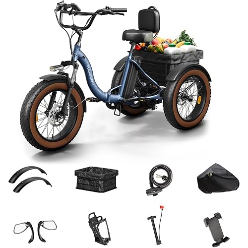 PUCKIPUPPY Electric Tricycle for Adults, 960W, 48V13.5Ah Electric Trike, 20"x4.0" 6061 Aluminum Folding Fat Tire 3 Wheel Ebike, 25MPH Max Hydraulic Brake, Rear Motor Differential for Safety