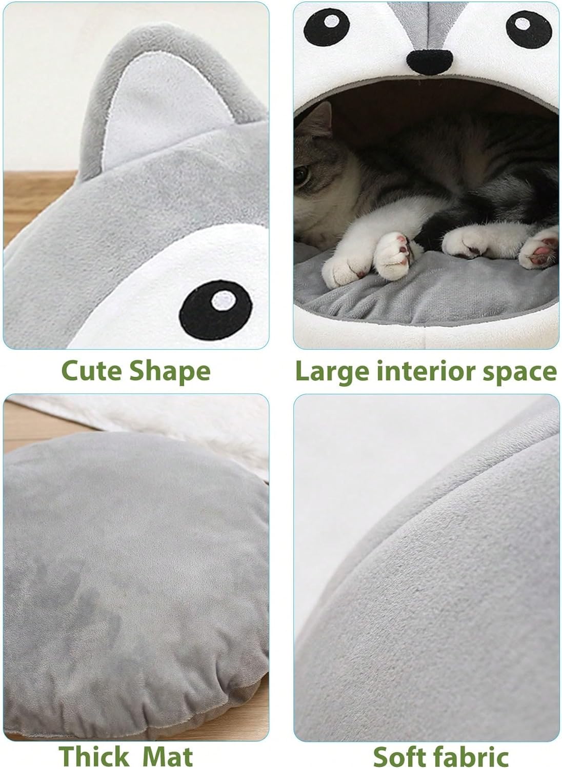 review QWINEE Indoor Fox Shape Cat Bed Cave with Removable Cushion - Pet Plush Tent House Cartoon Ear Design Pet Bed with Pompom for Cats Kitten Dogs Puppy and Rabbit Grey A Large
