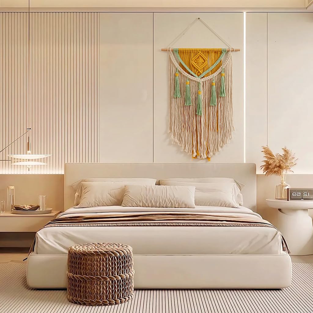 BMIDRUT Arazzo Macramè da Parete, Decorazione Boho Fatta a Mano, per Camera da Letto, Soggiorno, 45 x 70 cm (Giallo)