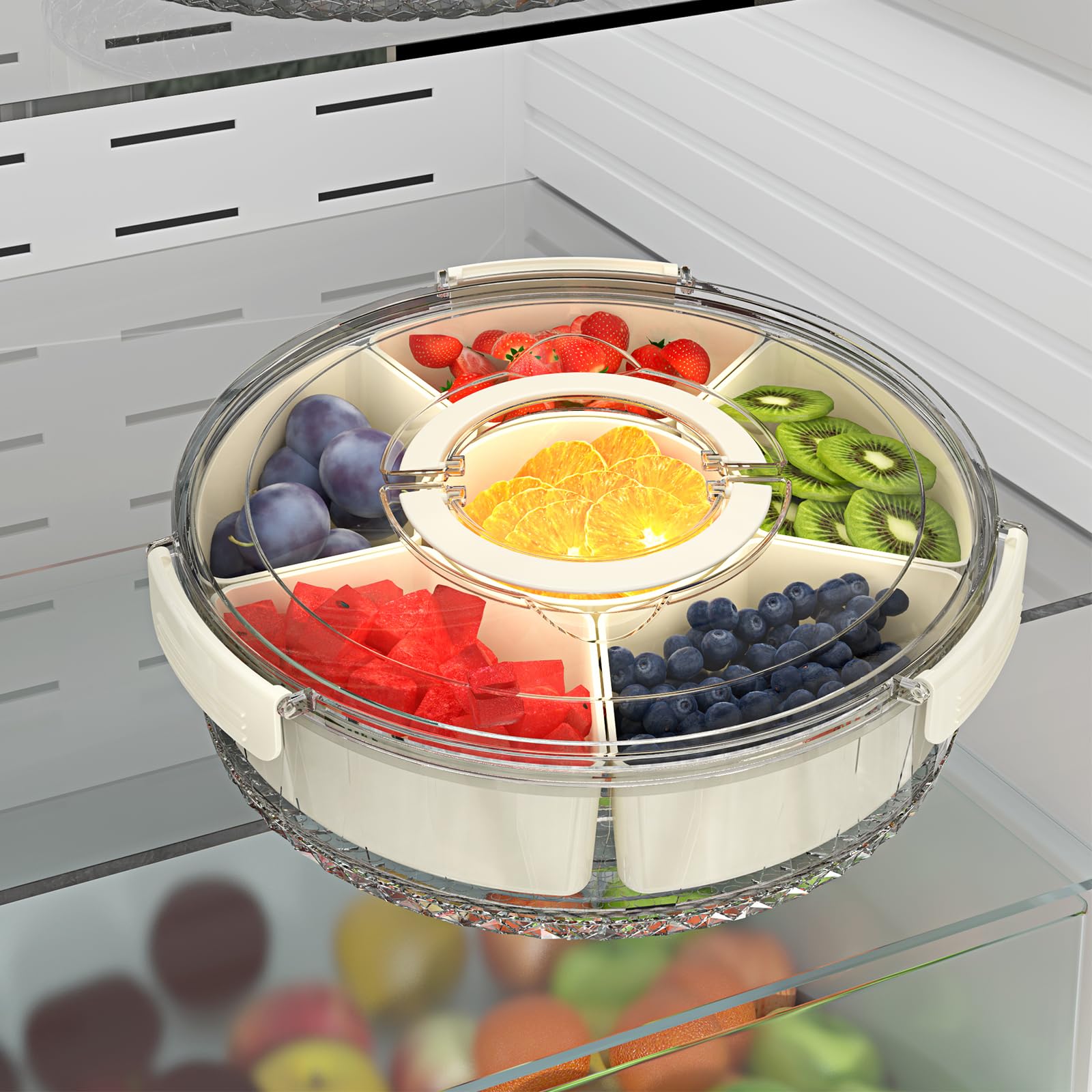 Plateau de service rotatif divisé avec couvercle et poignée, récipient alimentaire portable avec 6 compartiments – Parfait pour les repas, les collations et les voyages – Design facile à