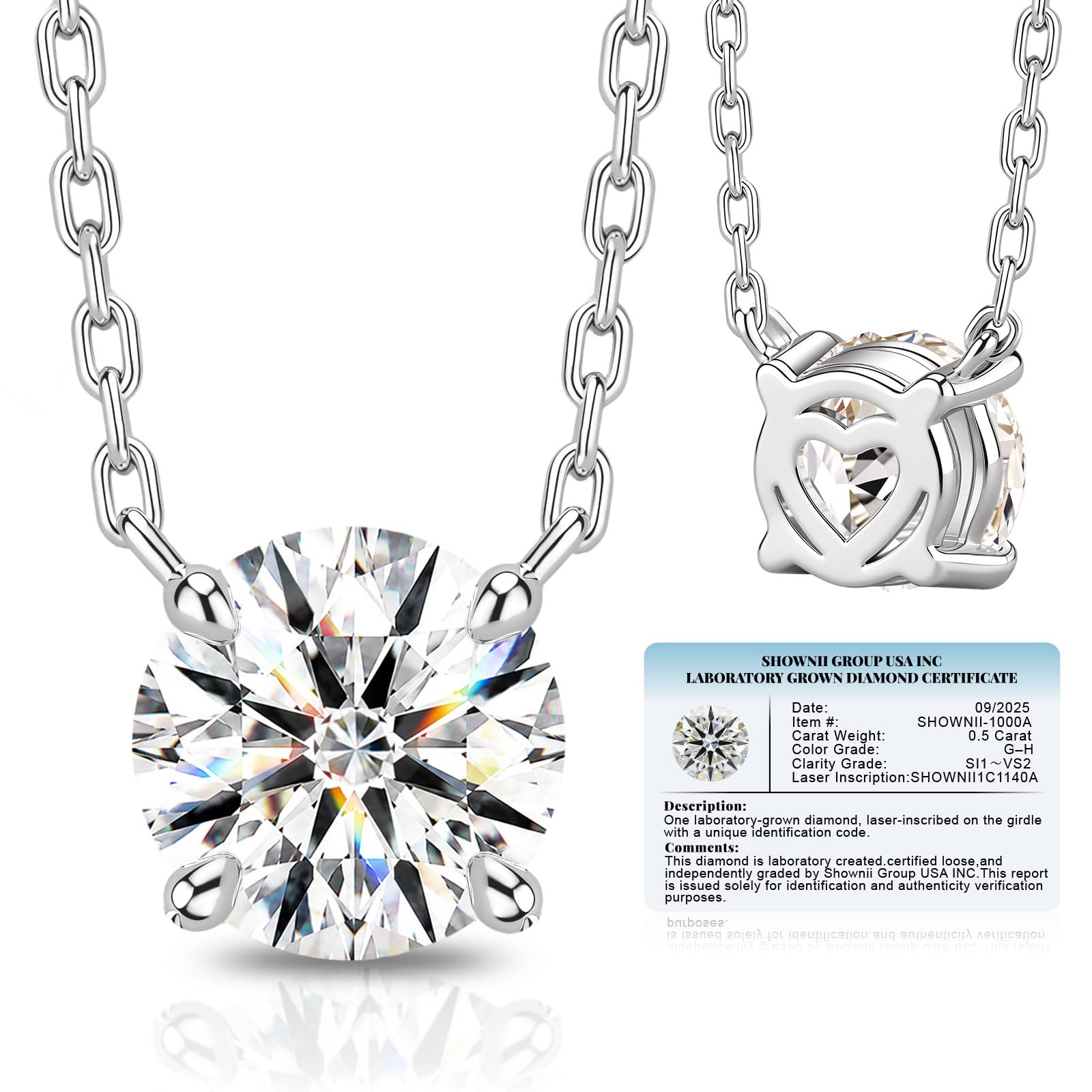 shownii 0.5CT LAB GROWN Diamond Solitaire Round Pendant Necklace for Women