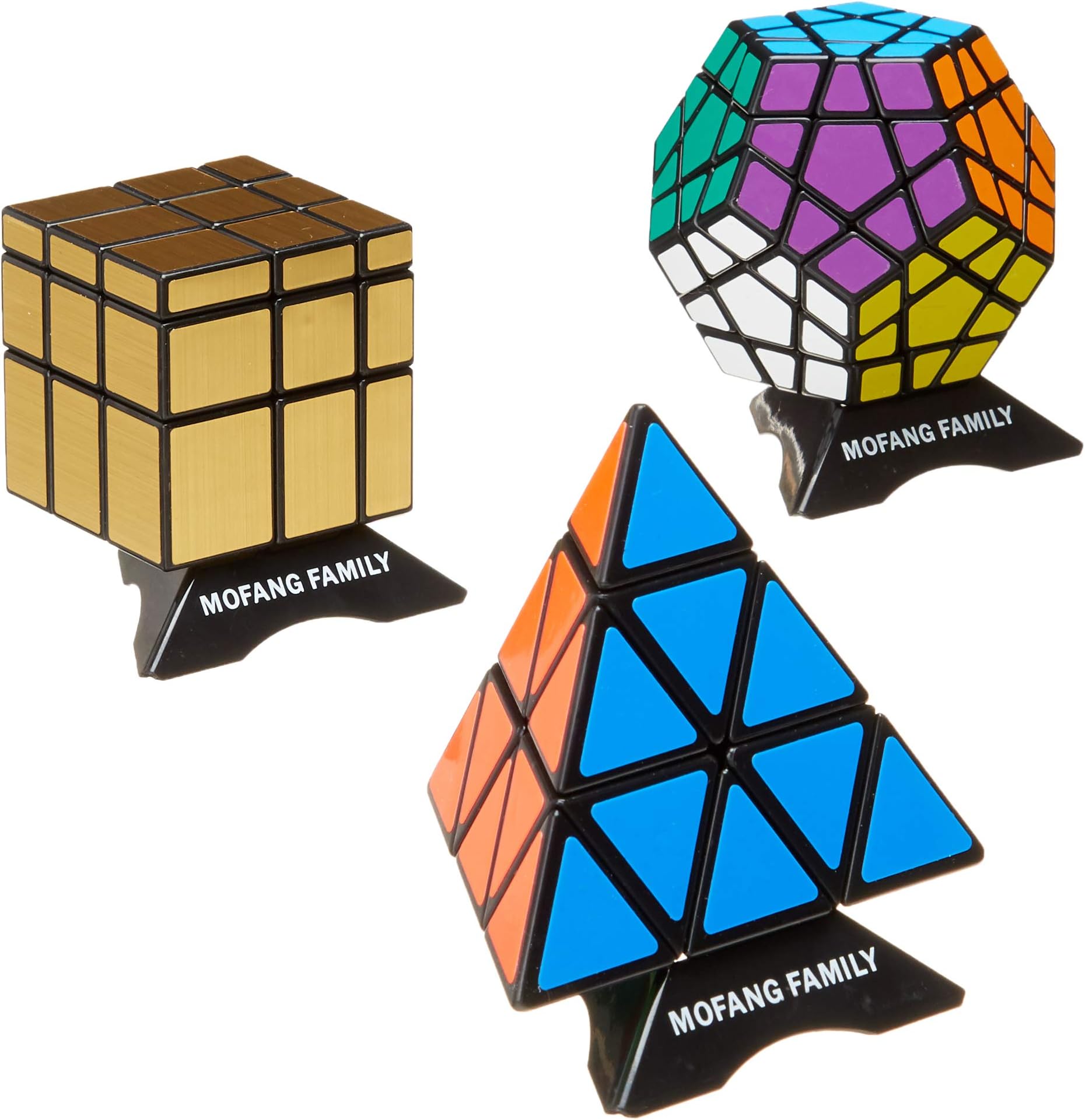 MAGTIMES 3 Pack Magic Cube Puzzle- Included Pyraminx Cube , Megaminx Puzzle Cube and Silver Black Mirror Cube + 3 Magic Cube Base Stand