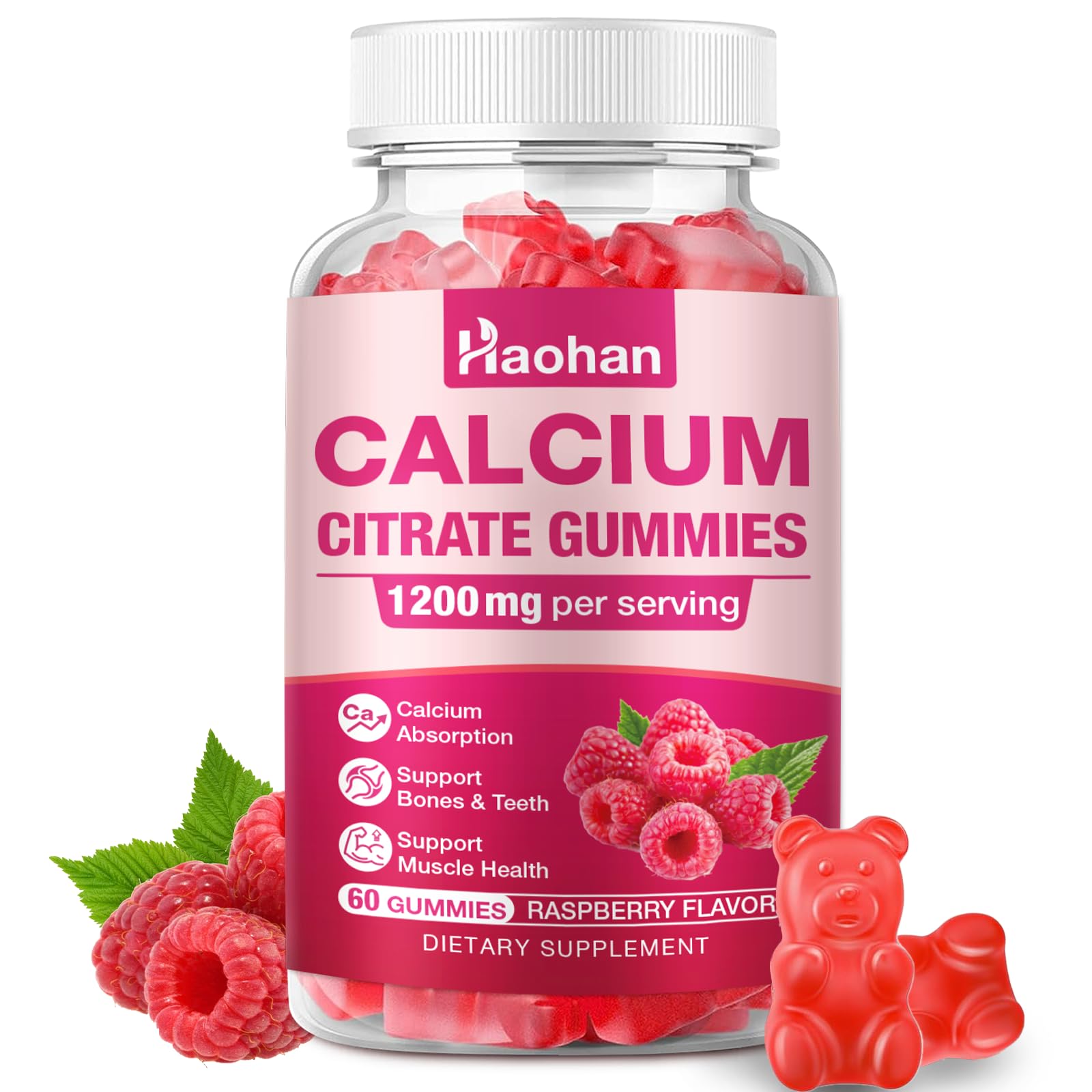 Calcium Citrate Gummies 1200mg - Sugar-Free Chewable Supplement for Women & Men with Bone, Muscle & Immune Support - Raspberry Flavor, 60 Count
