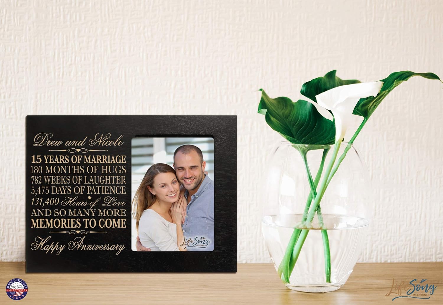 LifeSong Milestones Personalized Fifteen Year her him Couple Custom Engraved 15th Year Wedding Celebration for Husband Wife Girlfriend Boyfriend Frame Holds 4x6 Photo (Black)