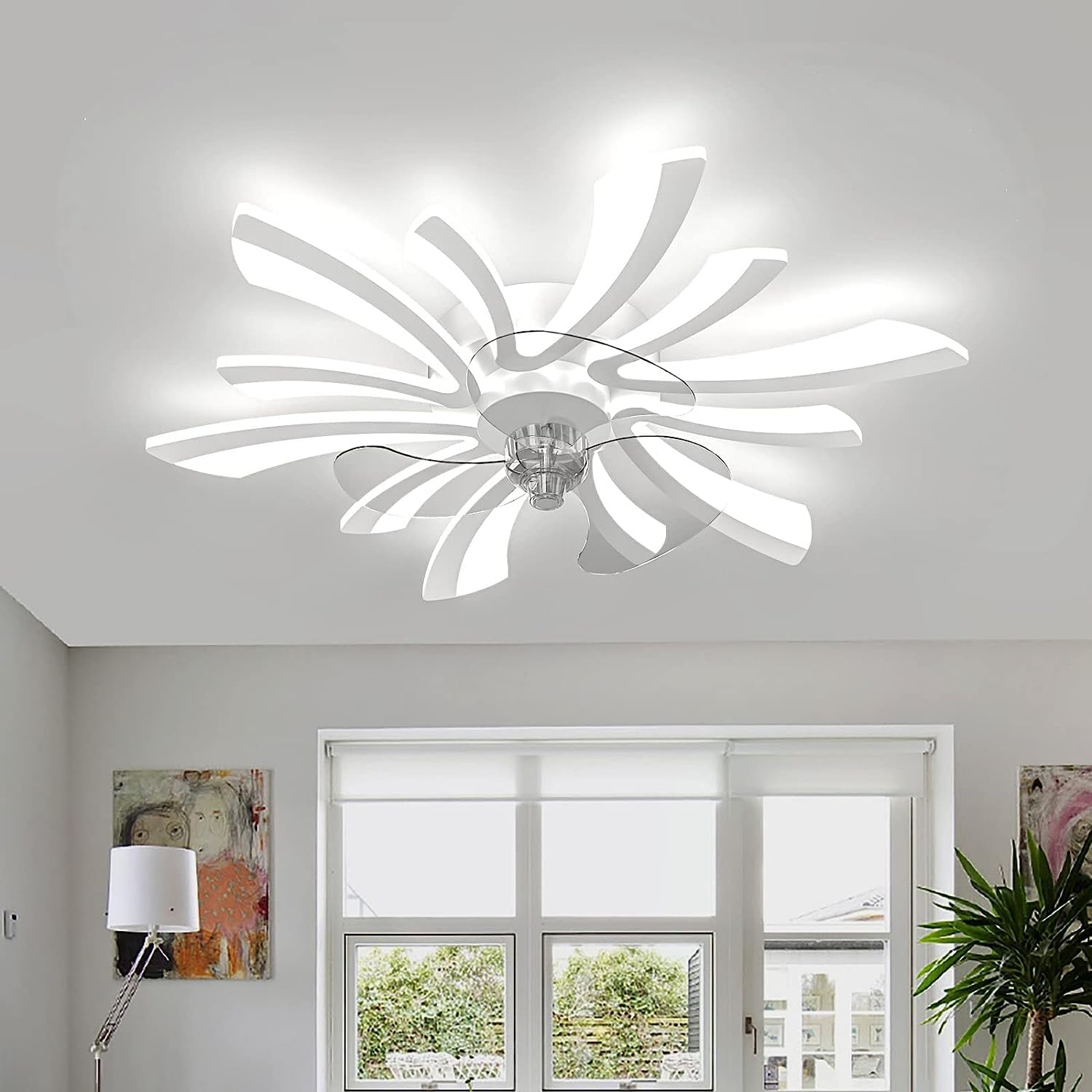 Omkeerbaar Plafondventilator met Lamp, Dimbaar LED, 3 Kleurtemperaturen, Plafondventilatorlamp met Afstandsbediening, Timer, 6 Snelheden, Modern Plafondlamp met Ventilator voor Woonkamer Slaapkamer