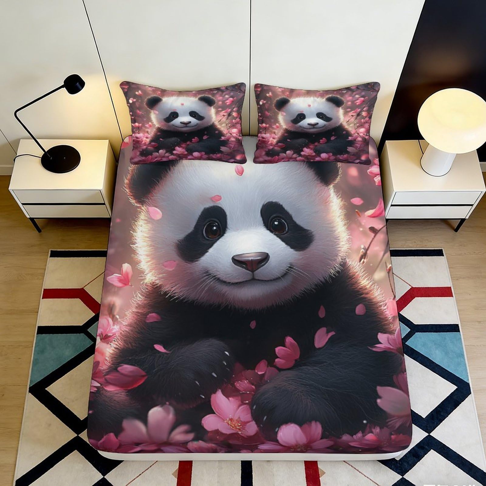 3D Printed Cute Panda Fitted Sheet Microfiber Soft Durable Floral Bed Cover for Bedroom Dormitory Guest Room Mattress Protection and Decoration 140x200x25cm