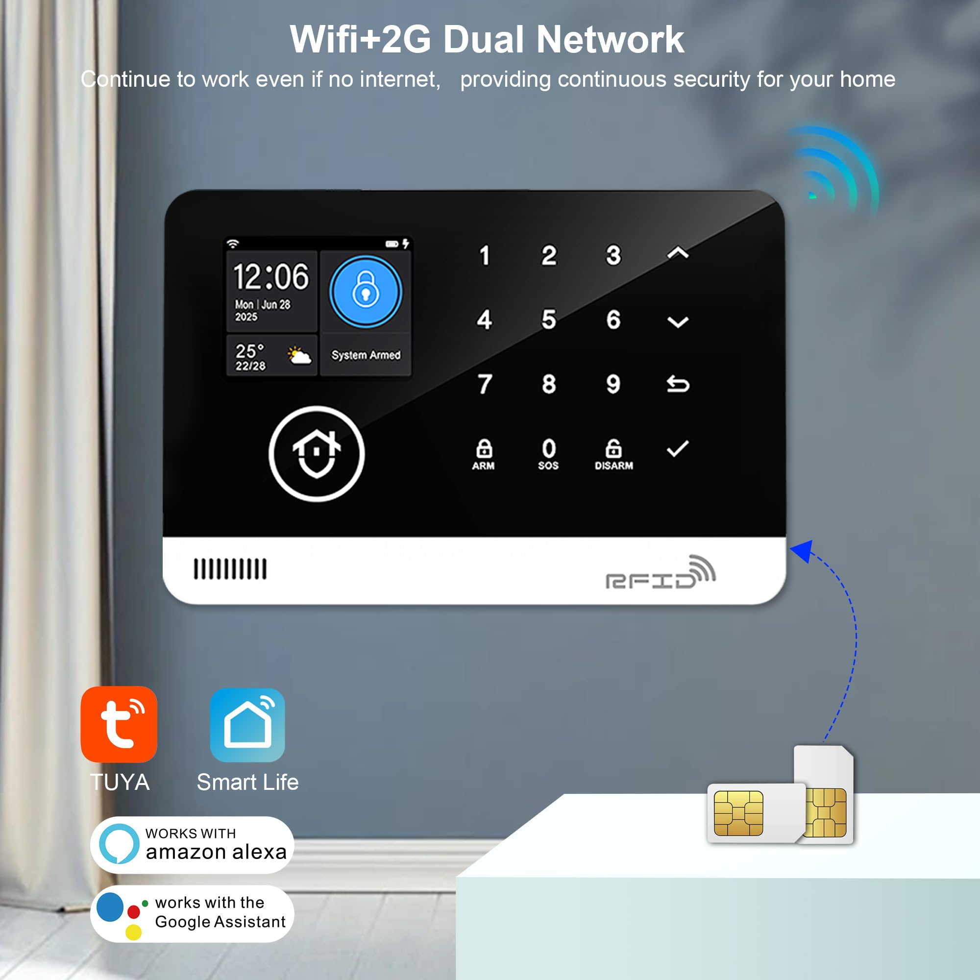 Alarma doméstica inalámbrica WiFi/2G con cámara de vigilancia WiFi Interior 1080P, Sistema de Alarma doméstica con Alerta por aplicación, Compatible con Alexa y Google