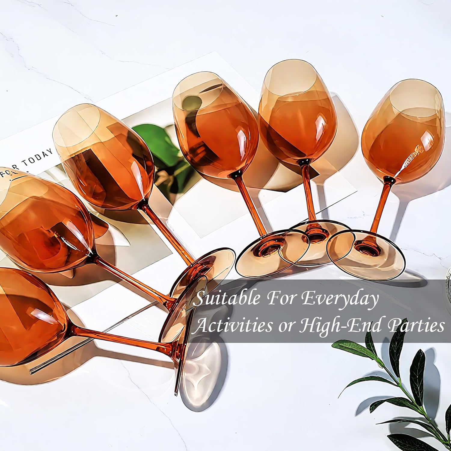 comfit Orange Wine Glasses Set of 6-19oz,Hand Blown Crystal Amber Wine Glass with Stem for White & Red Wine,Muticolor Wine Glass for Valentine's Day,Gifts for Thanksgiving,Birthday,Party