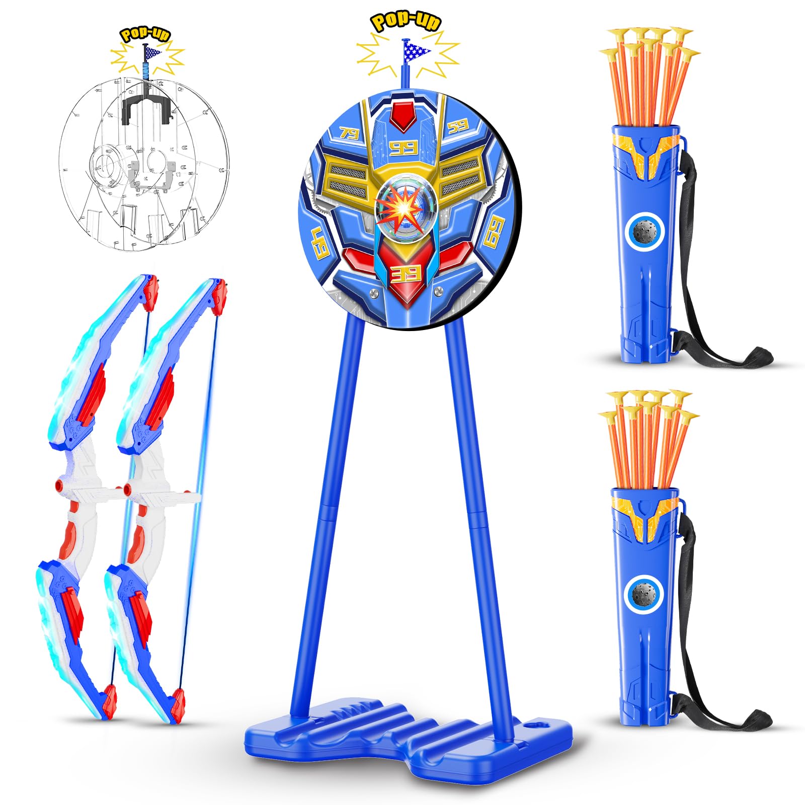 DX DA XIN Tiro a l Arco Bambini Giocattolo 2 Pack - Bersaglio di feedback in piedi Arco e Freccia con LED Luci 20 Frecce 2 Cuochi Interni Esterni Sportivi Giocattolo Ragazzo 4-12 Anni Regali Creativi