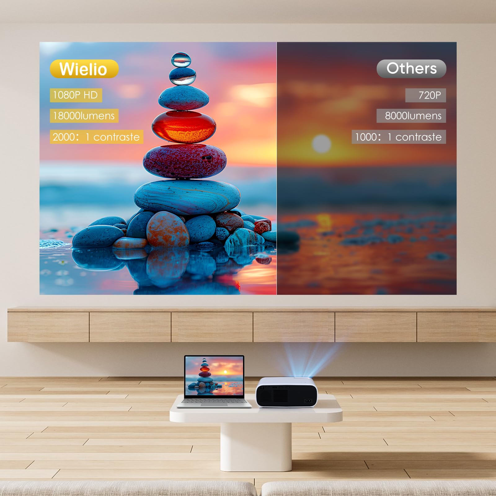 Mini vidéoprojecteur avec WiFi Double Bande et Bluetooth 5.2, Full HD 1080P, 18000 lumens avec Support 4K, Compatible avec PS5 et Switch, retroprojecteur d'affichage HD（Gris）