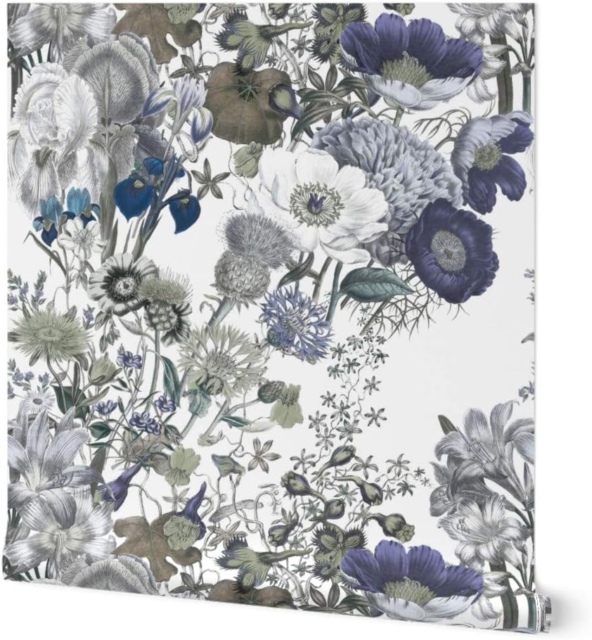 Removable Wallpaper 9ft x 2ft - Green Blue Flowers Brown Floral Grey Graphic Custom Pre-Pasted Wallpaper by Spoonflower