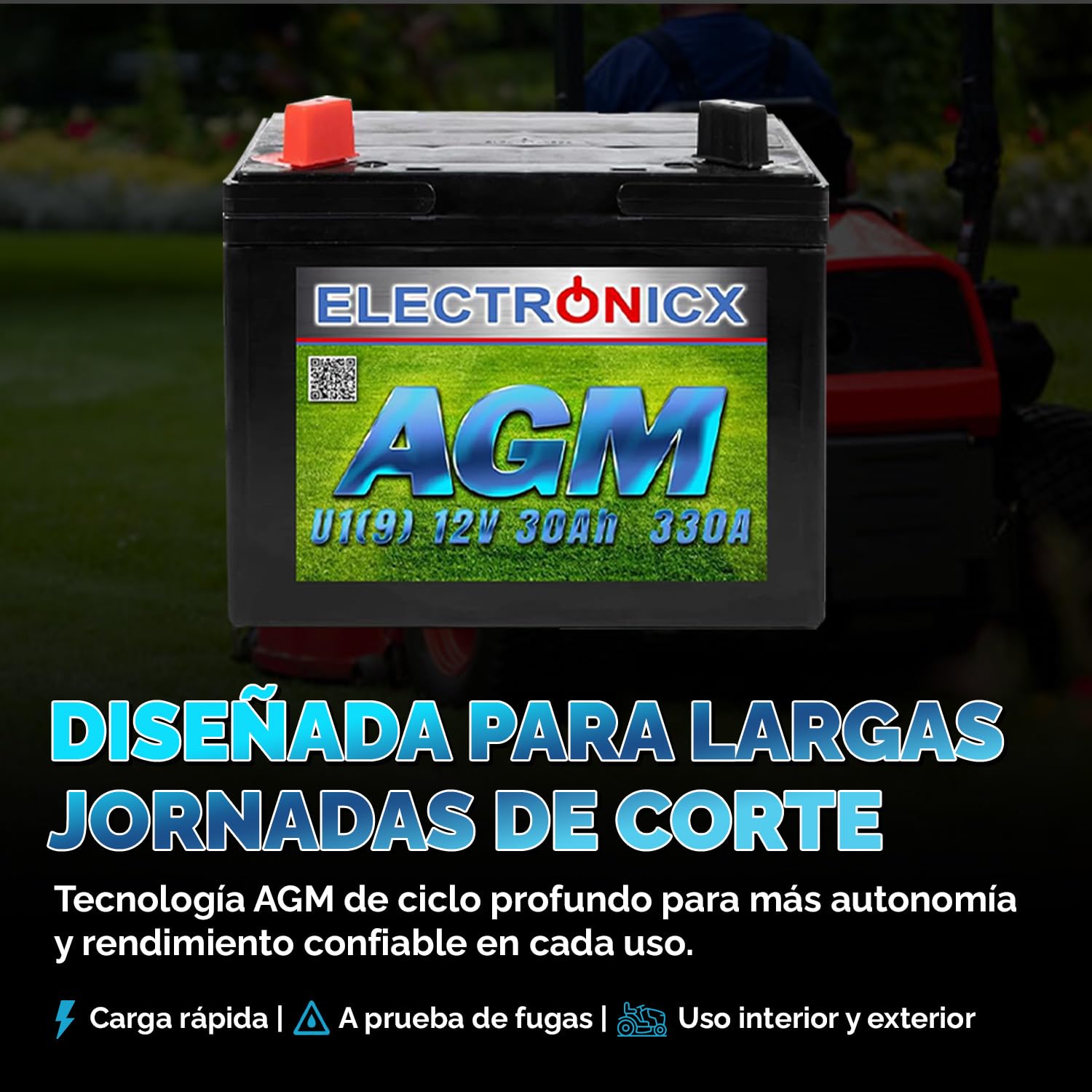 Electronicx AGM U1(9) 30AH 330A (EN) Batería para cortacésped con asiento, herramientas de jardín, batería de arranque, sin mantenimiento, tecnología AGM cerrada.