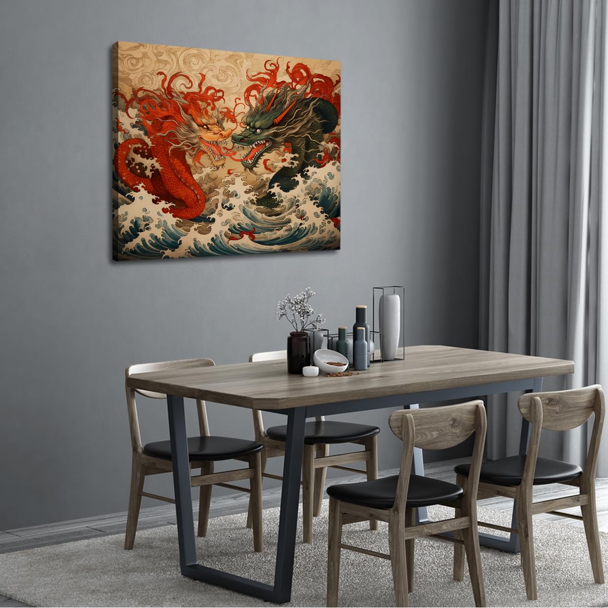 Via Vela Fresques de style asiatique traditionnel affiches imprimées dragon et vagues abstraites sur toile art mural rétro pour la décoration hôtelière 90x120cm
