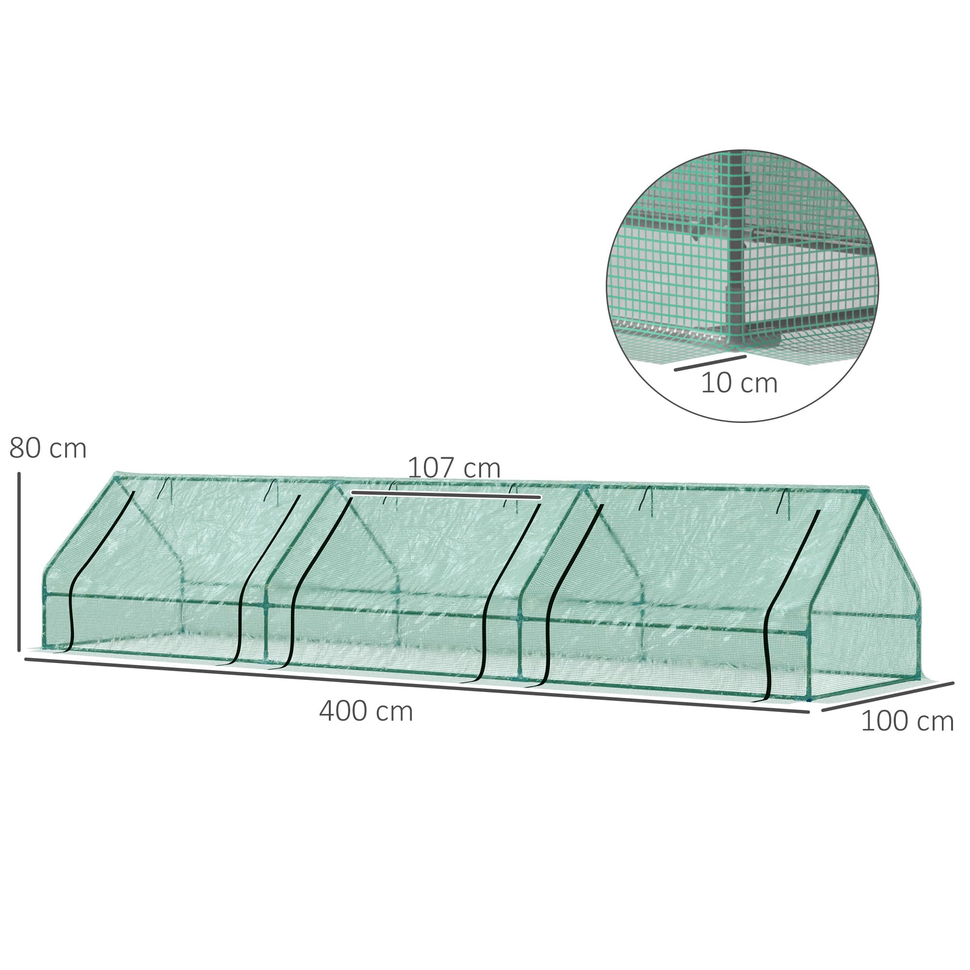 Outsunny Serra per Orto Impermeabile e Anti UV con 3 Finestre Avvolgibili, Mini Serra per Piante in Acciaio e Polietilene, 400x100x80 cm, Verde