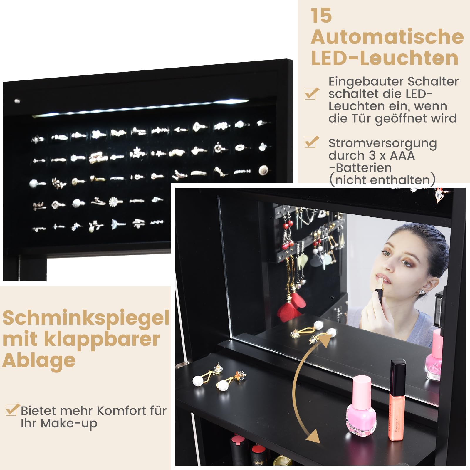 RELAX4LIFE Schmuckschrank mit Spiegels, Spiegelschrank mit Automatischen LEDs & Klappbarer Ablage, Schmuckorganizer für Ohrringe Armband Kosmetik, Hängend & Abschließbar, Tür- & Wandmontage (Schwarz)