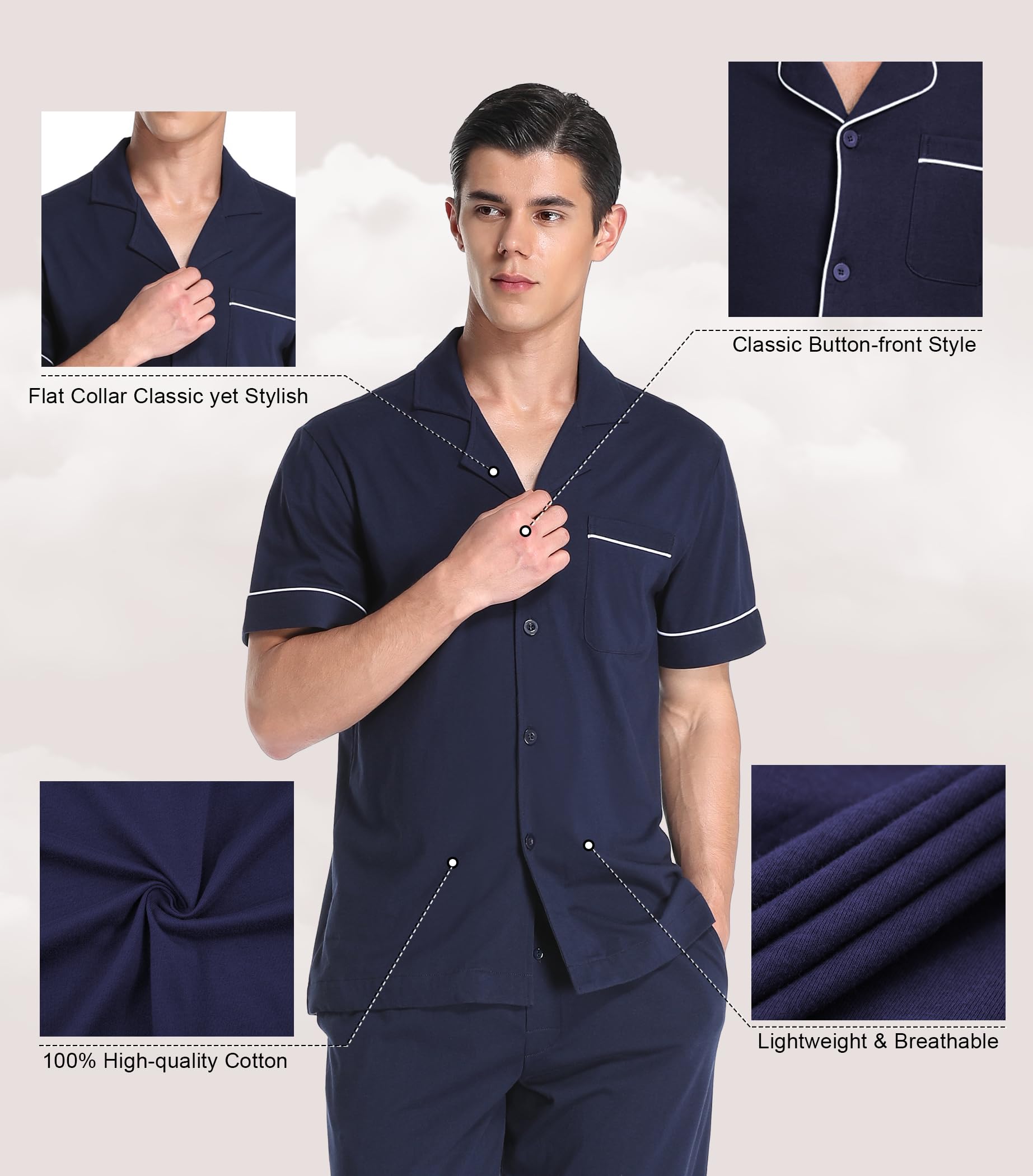 Dresmannst COLORFULLEAF Herren Schlafanzug-Set aus 100% Baumwolle mit Knopfleiste und kurzen Ärmeln und Langen Hosen, A-Navy blau
